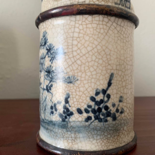 Antique Asian Blue and White Ceramic Water Vase Pipe For Sale - Image 9 of 12
