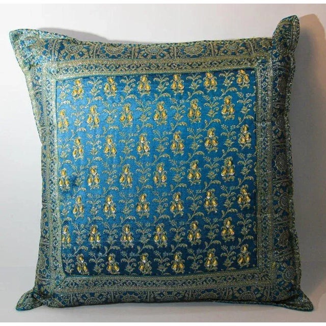 Turquoise Mughal Style Decorative Throw Pillow Embellished With Sequins and Beads For Sale - Image 4 of 13