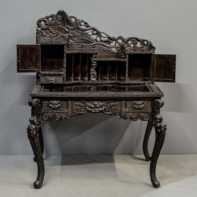 Heavily Carved Antique Japanese Black Lacquer Desk & Chair For Sale - Image 4 of 10