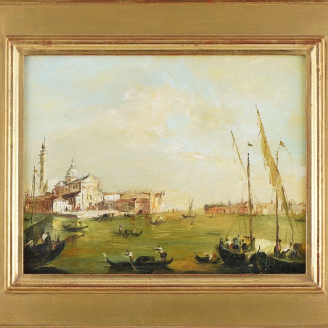Oil on canvas view of San Giorgio Maggiore, Venice, as viewed from across the Grand Canal. The painting has been cleaned,...