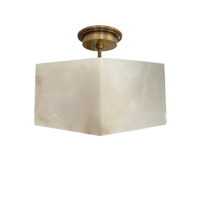 Late 20th Century Modern Alabaster & Brass Flush Mount Ceiling Light For Sale - Image 4 of 9