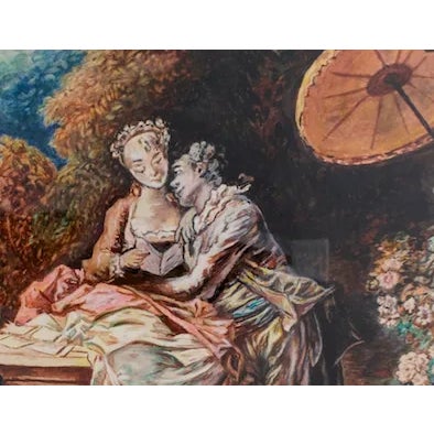 Delightful watercolour rendering of 'Lover Letters' in the manner of Fragonard!~ Image sz: 10 1/2"H x 10 1/4"W