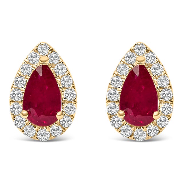 10K Yellow Gold 5X3 MM Pear-Cut Ruby and 1/7 Cttw Diamond Halo Stud Earrings (I-J Color, I1-I2 Clarity) For Sale