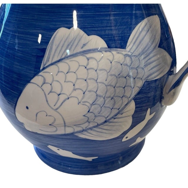 Ceramic Vintage Mid-Century Modern Jay Willfred Andrea by Sadek Blue & White Fish Hand Painted Pitcher For Sale - Image 7 of 7