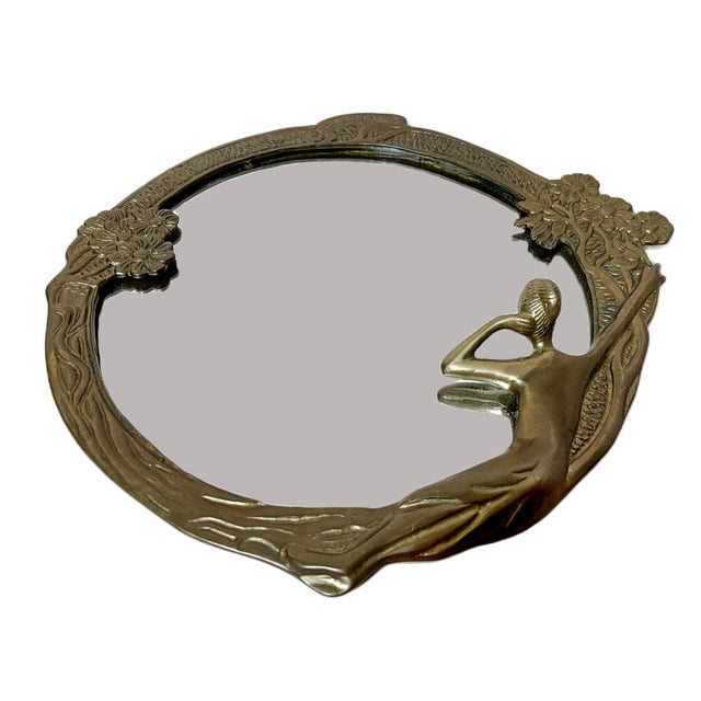 Vintage Cast Brass Art Nouveau Style 15" Figural Nymph Round Wall Mirror Bring the fluid, organic elegance of the turn-of-...