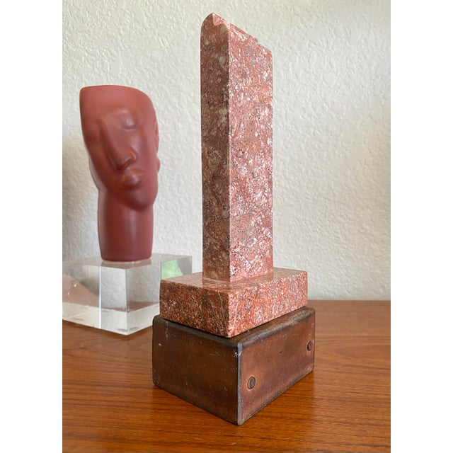 Donald Judd Minimalist Pink Marble Modern Sculpture on Primitive Style Rusty Display Stand For Sale - Image 4 of 13