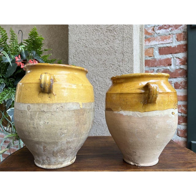 French Provincial Pair Antique Provincial French Yellow Glazed Pottery Confit Pot Urn Vase Vessel For Sale - Image 3 of 13