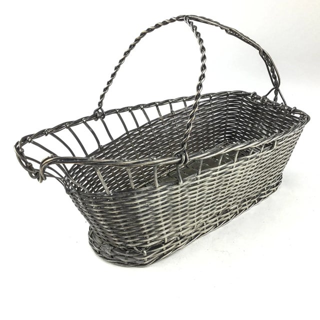 Vintage Handmade Woven Silverplate Wine Bottle Basket For Sale - Image 11 of 11