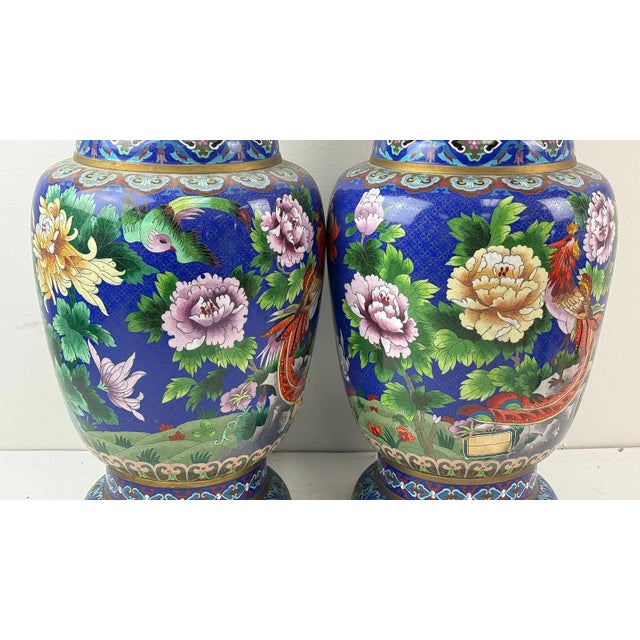 Gold Pair of Chinese Cloisonne Enamel Vases Gold Floral Scrolls For Sale - Image 8 of 13