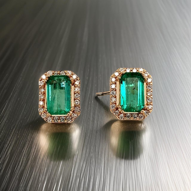 Natural Emerald Diamond Stud Earrings 14k Y Gold 1.85 TCW Certified For Sale - Image 10 of 14