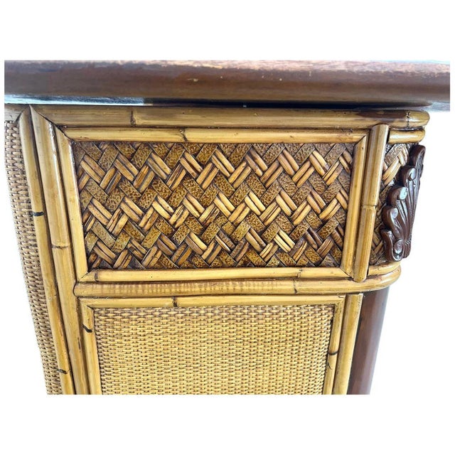 Wood Mid Century Modern Woven Rattan and Bamboo Bar With Two Bar Stools For Sale - Image 7 of 7
