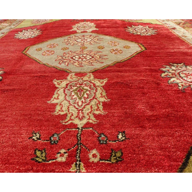Mid 20th Century Mid 20th Century Vintage Turkish Konya Rug With Medallion in Red, Lime Green, Gray, Yellow, and Ivory For Sale - Image 5 of 9