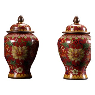 Pair of Vintage Chinese Red Cloisonné Lotus Scroll Ginger Jars For Sale