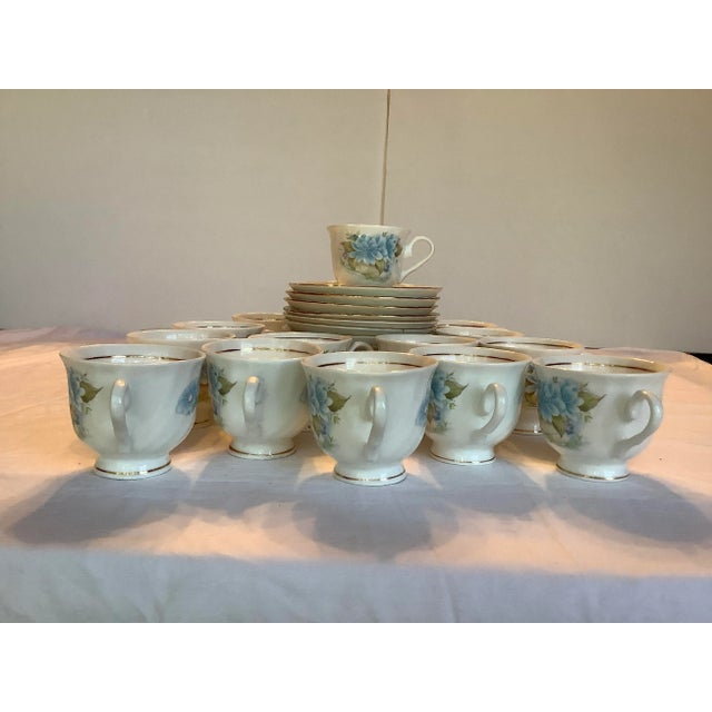 English Vintage Hitkari China Blue and White Tea Cups & Saucers - Set of 14 For Sale - Image 3 of 13