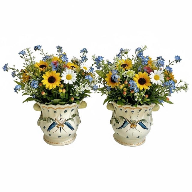 Matched pair of French Faience flower frogs or vases with pears. Creamy off white base with blue and yellow. Small holes...