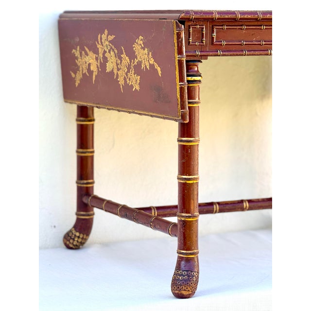 Antique Warm Red Lacquer and Gilt Chinoiserie French Table / Writing Desk For Sale - Image 4 of 12