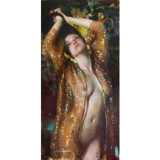 Glimmer by Karen Offutt | Oil on Panel Portrait of a woman in a shimmering robe. For Sale