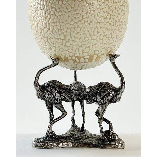 1980s Vintage Ceramic Decorative Faux Ostrich Egg on Pewter Stand For Sale In Atlanta - Image 6 of 9