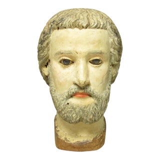 Antique Spanish Colonial Hand Carved Head of a Santo For Sale