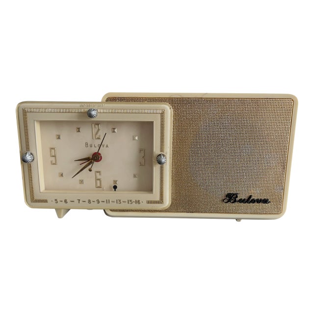 Mid-Century Modern 1957 Bulova Clock Radio - Cream & Gold For Sale
