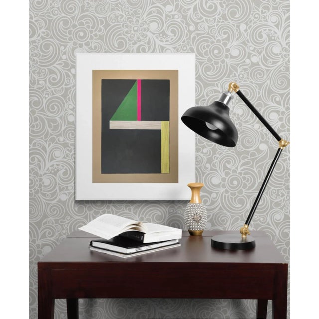 This unique piece by Sarah Vaaler features parallel color pencil lines in yellow and light gray/white on a background of...