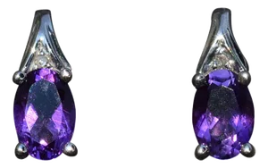 The Avivas: Ladies White Gold Stud Earrings set with Amethyst and Diamond Side Stones, 2 Pieces