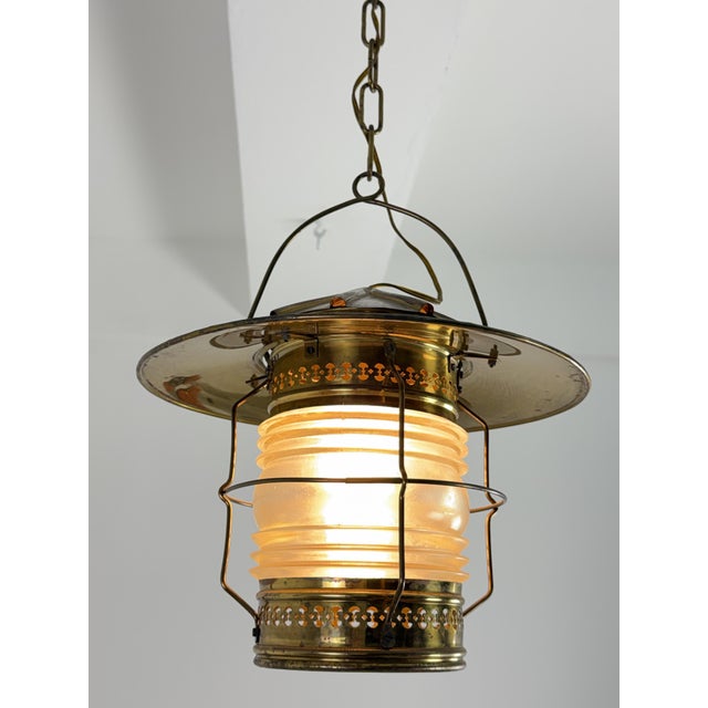 Naval Pendant Lamp in Brass and Opaline Glass, 1940s For Sale - Image 6 of 13