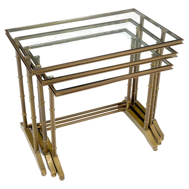 Transparent Set of MCM Solid Brass Faux Bamboo Glass Top Nesting Side End Tables Stands For Sale - Image 8 of 15