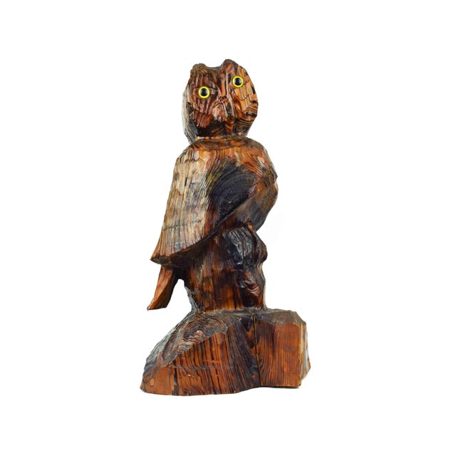 Rustic 1980 Large Hand Carved Solid Wood Brutalist Owl Totem Style Sculpture Signed For Sale - Image 3 of 17