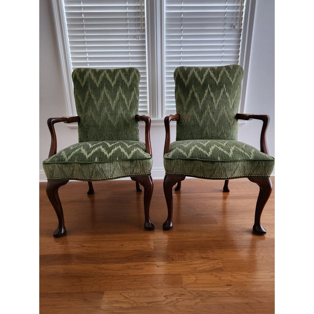 1970s Kittinger Mahogany Open Arm Chairs a Pair, Newly Upholstered in