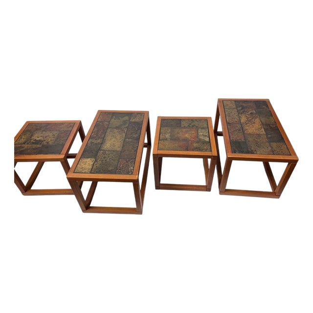 Vintage Mid Century Teak Slate Top Side Tables For Sale
