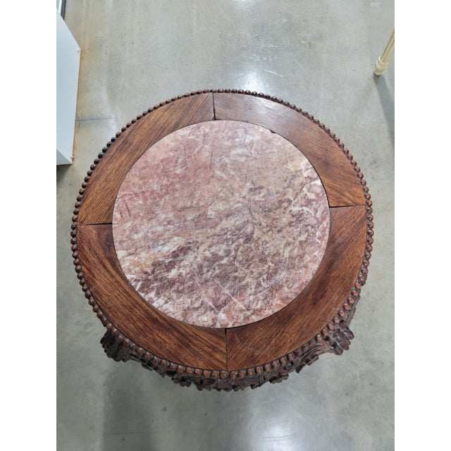 1940s Carved Asian Plant Stand/Drinks Table W/Marble Top For Sale - Image 5 of 10