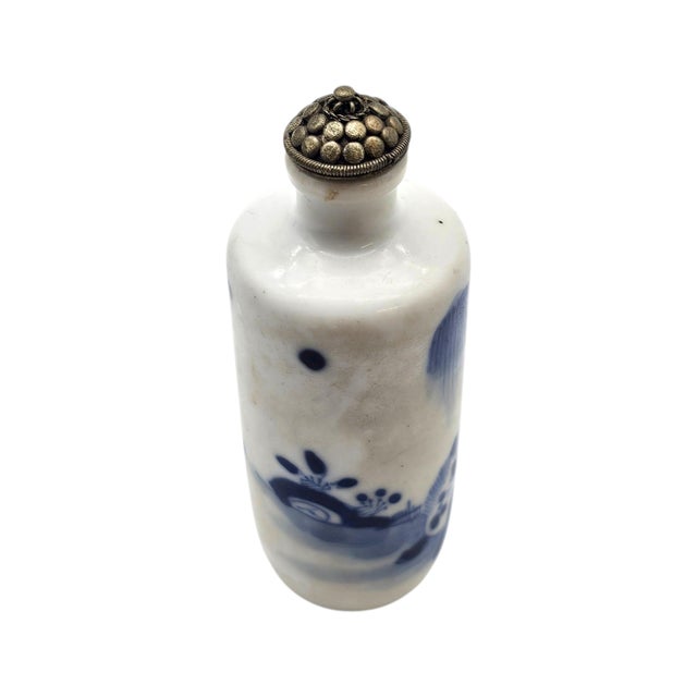 Early 20th Century Vintage Chinese Blue & White Porcelain Snuff Bottle With Stopper Spoon (3.375") For Sale - Image 5 of 14