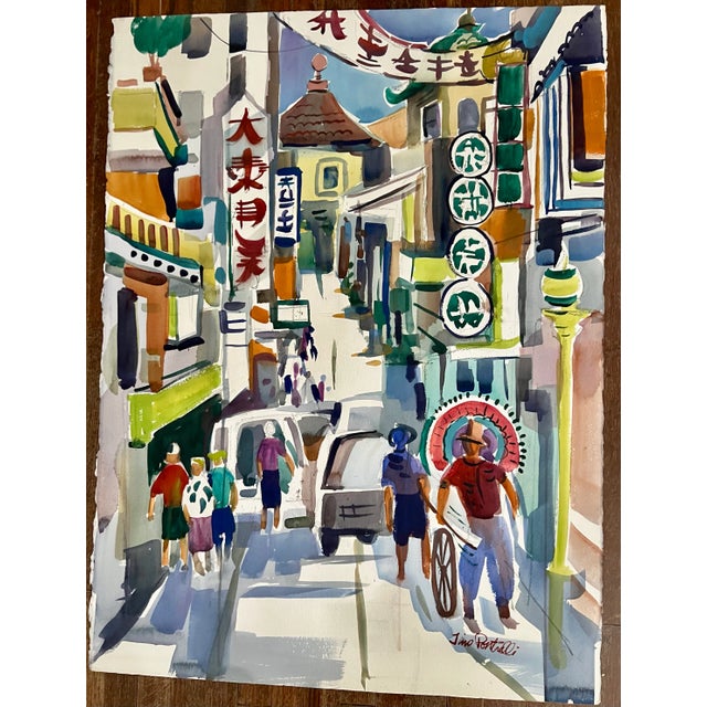 Vintage Tino Pontrelli Modern Watercolor Painting of Chinatown in San Francisco For Sale In Los Angeles - Image 6 of 6