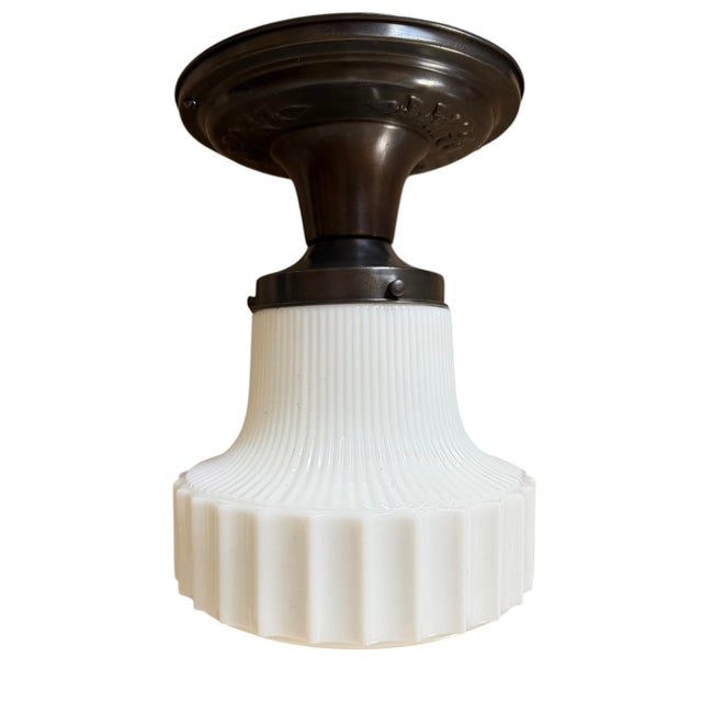 1920s 1920s Ribbed School House Style Light Fixture With Embossed Canopy For Sale - Image 5 of 9