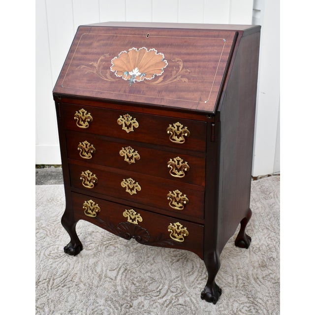 Wood Antique Carved & Inlaid Mahogany French Style Ladies Slant Front Desk For Sale - Image 7 of 12