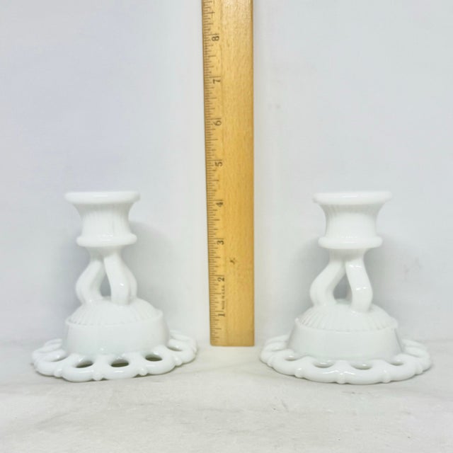 Mid-20th Century Westmoreland Milk Glass Doric Open Lace Candle Holders - A Pair For Sale - Image 9 of 12