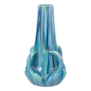 Art Nouveau Stoneware Vase with Sculptural Details and Blue and Green Glaze, 1920s For Sale