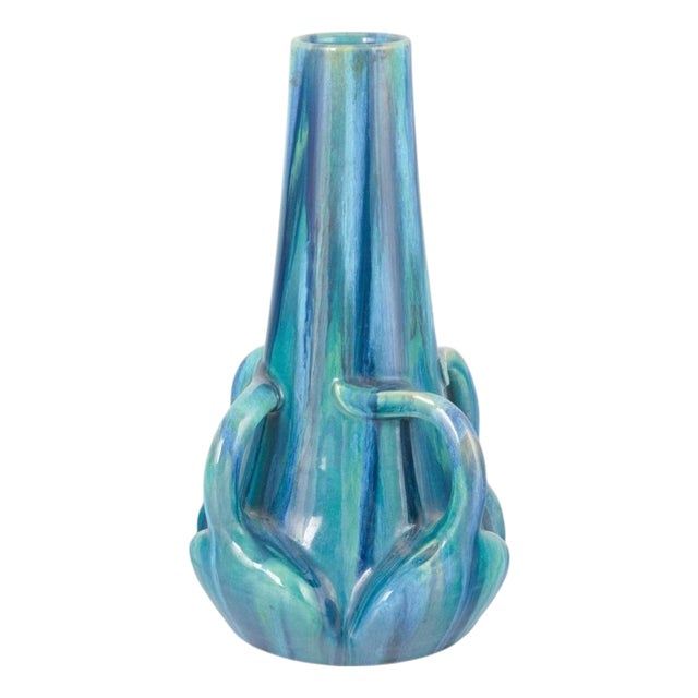 Art Nouveau Stoneware Vase with Sculptural Details and Blue and Green Glaze, 1920s For Sale