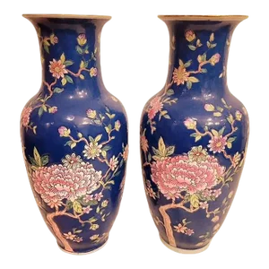 Vintage Pink Cobalt Blue Floral Chinoiserie Asian Style Ceramic Vase- a Pair