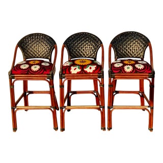 Palecek Suzani Upholstered Rattan and Woven Leather Barstools - Set of 3 For Sale