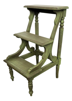 Tuscany Italian Country Carved Painted Wood 3-Step Library Ladder, 1970s