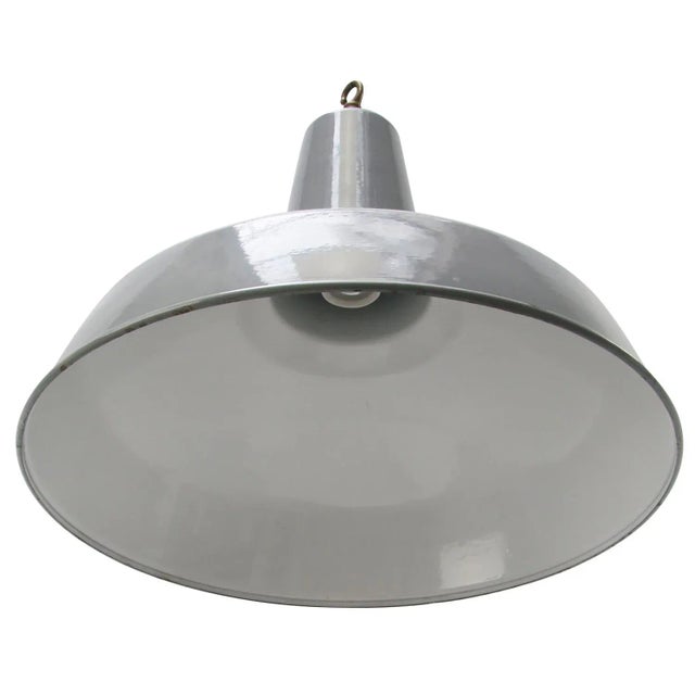 Vintage British Industrial Grey Enamel and Brass Pendant Light For Sale - Image 4 of 6