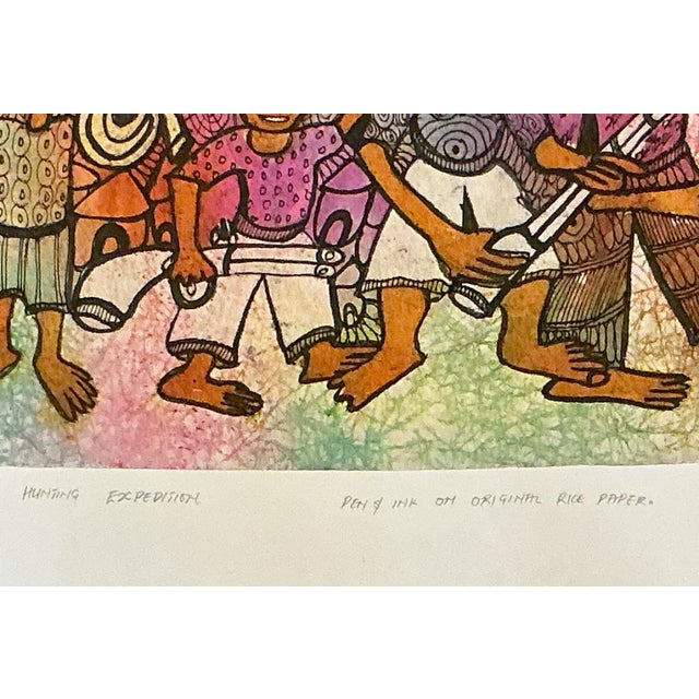 African Hunting Expedition, Artist Soji Niran, Pen and Ink on Rice Paper Painting For Sale - Image 3 of 3