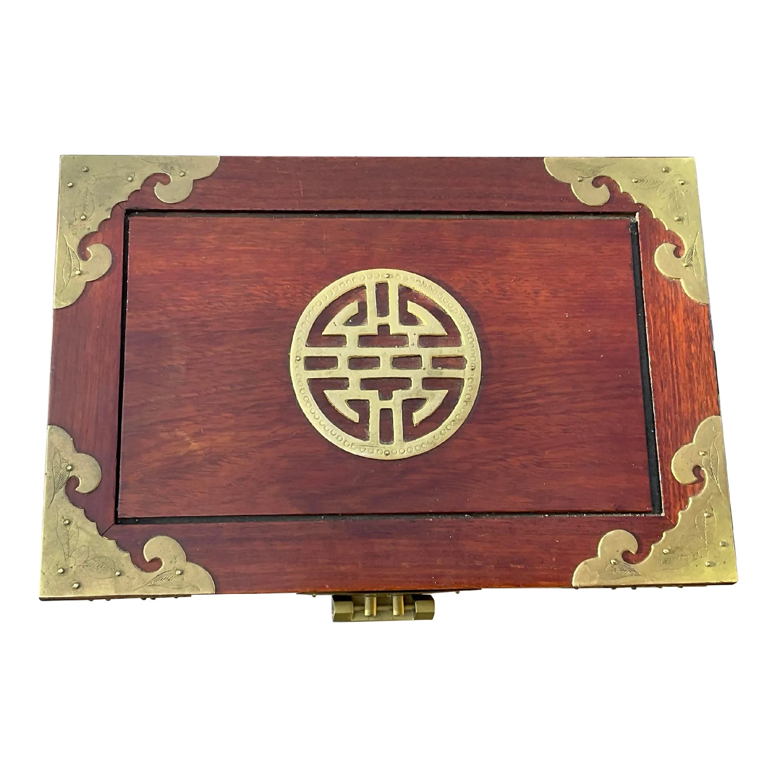 1970's Chinese Chinoiserie Brass Mounted Rosewood Jewelry Box