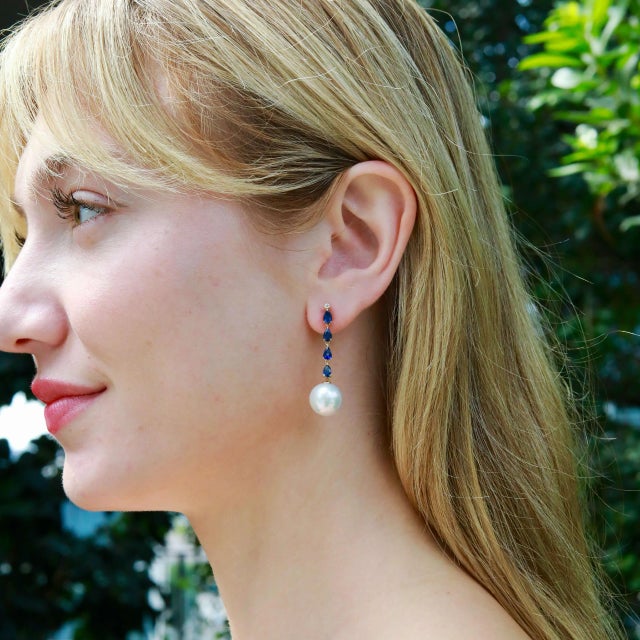 Nina Zhou 2.45ctw Sapphire Diamond and Pearl Convertible Drop Earrings in 14k Gold For Sale In Los Angeles - Image 6 of 9