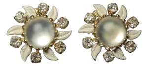 1940s Vintage Weiss Moonstone Enamel Rhinestone Swirl Earrings, A Pair