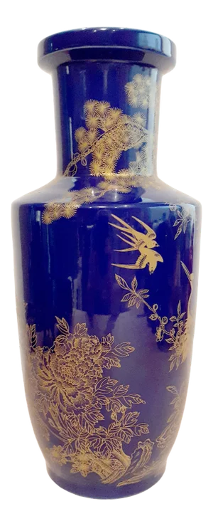 Early 20th Century Chinese Cobalt Blue Glaze Porcelain Gilt Crane Rouleau Vase