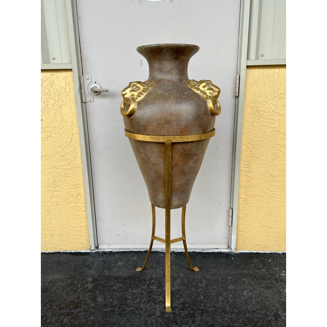 Neoclassical Vintage Floor Amphora Urn Vase 52” With Lionhead Ring Handles &Tripod Stand For Sale - Image 3 of 8