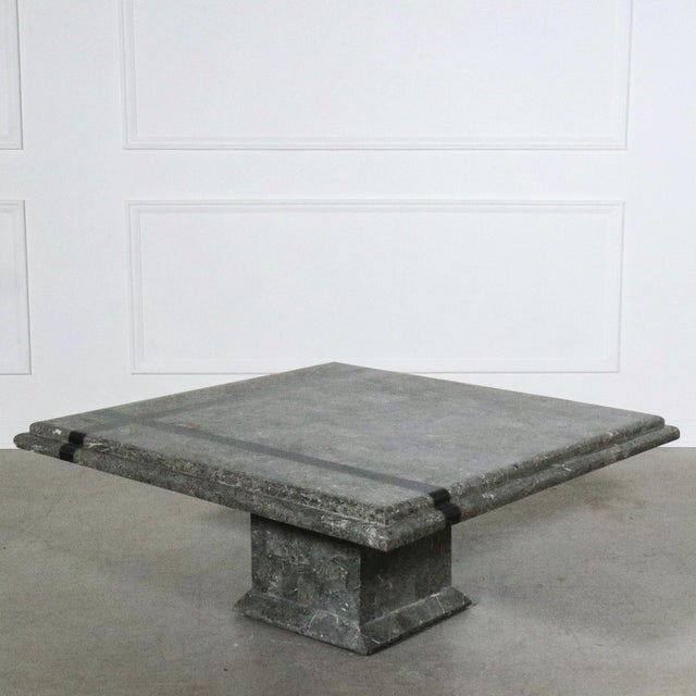 Postmodern Maitland-Smith Tessellated Stone Brass Inlay Pedestal Coffee Table For Sale - Image 3 of 5
